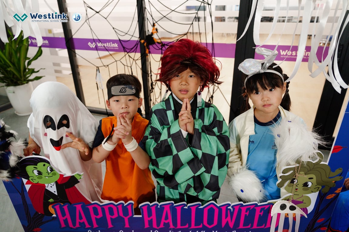 Students dressed in costumes during the school’s Halloween celebration.