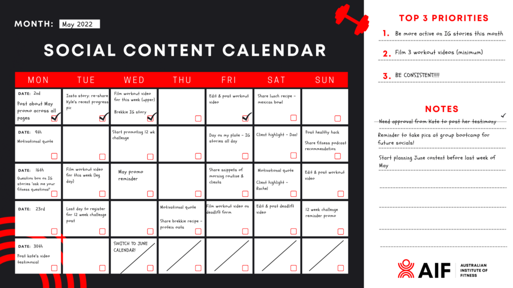 Fitness Influencer Content Calendar