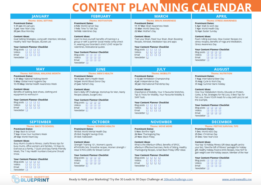 Fitness Content Planning Calendar