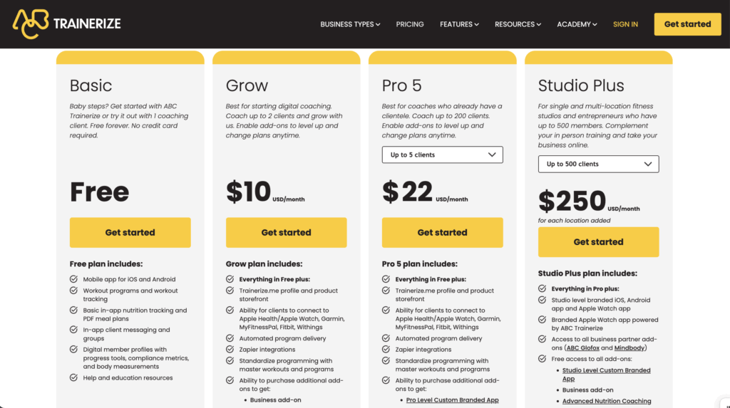 Trainerize Pricing 1