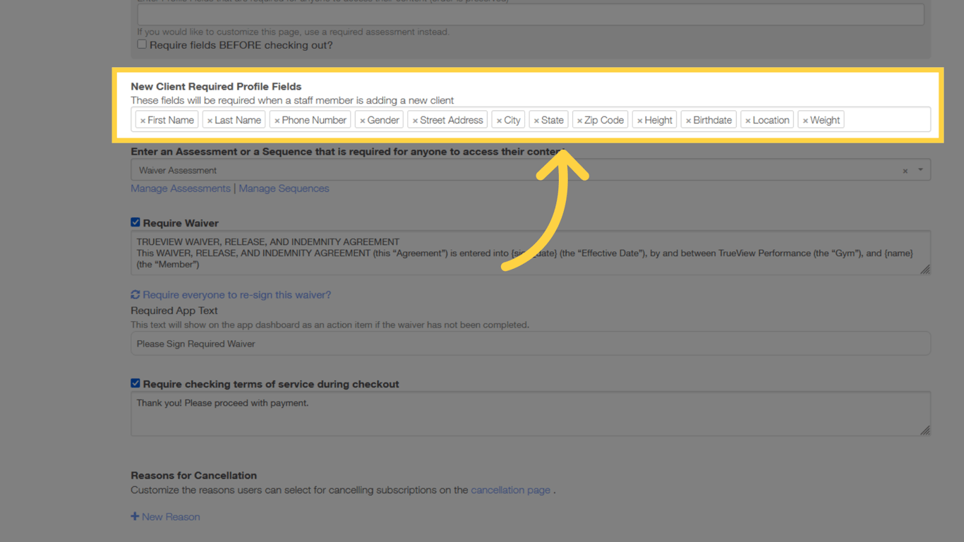 New Client Required Profile Fields