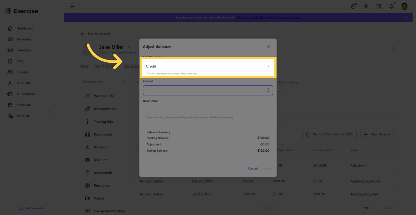 Select Adjustment Type