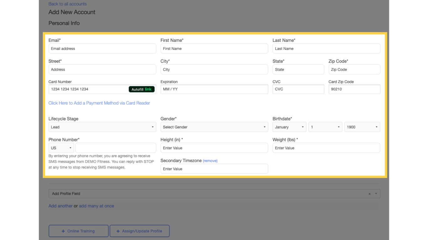 Fill in the client’s personal information in the provided fields.