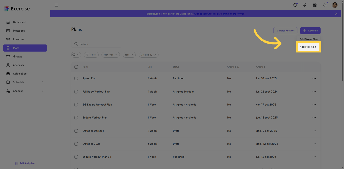 Tap Add Flex Plan to choose the flexible workout plan type.