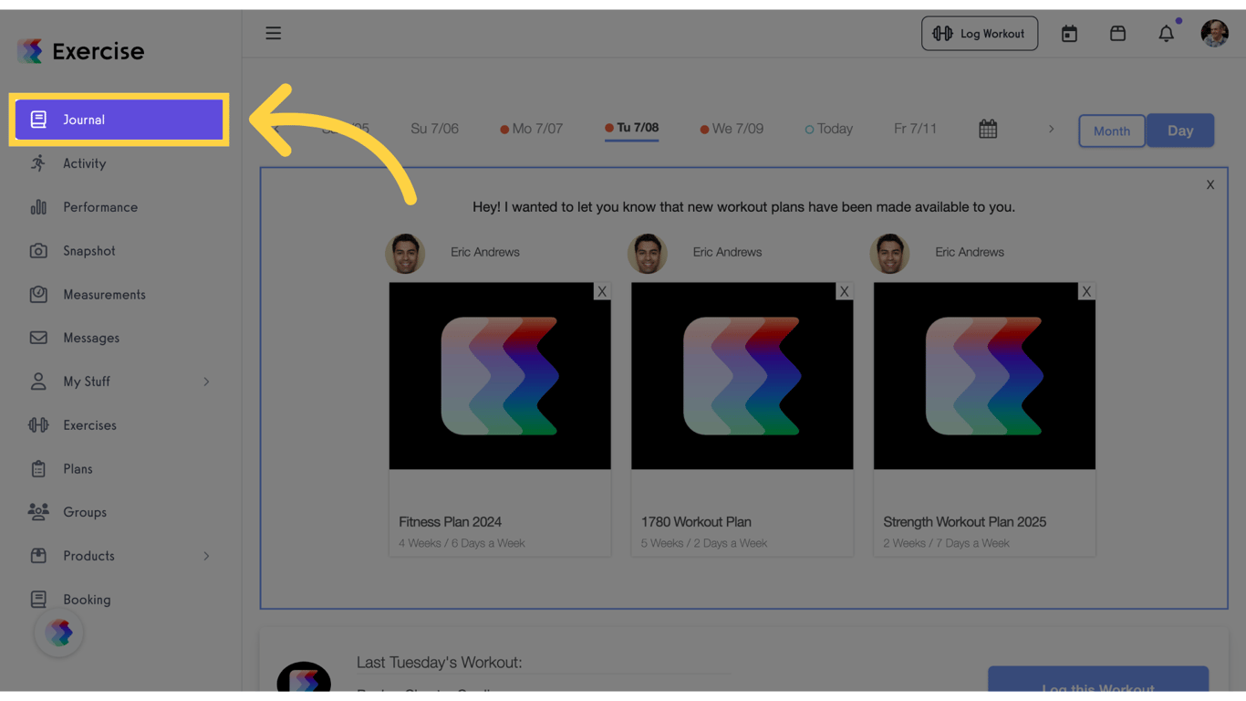 Access the Workout Journal tab in Exercise.com
