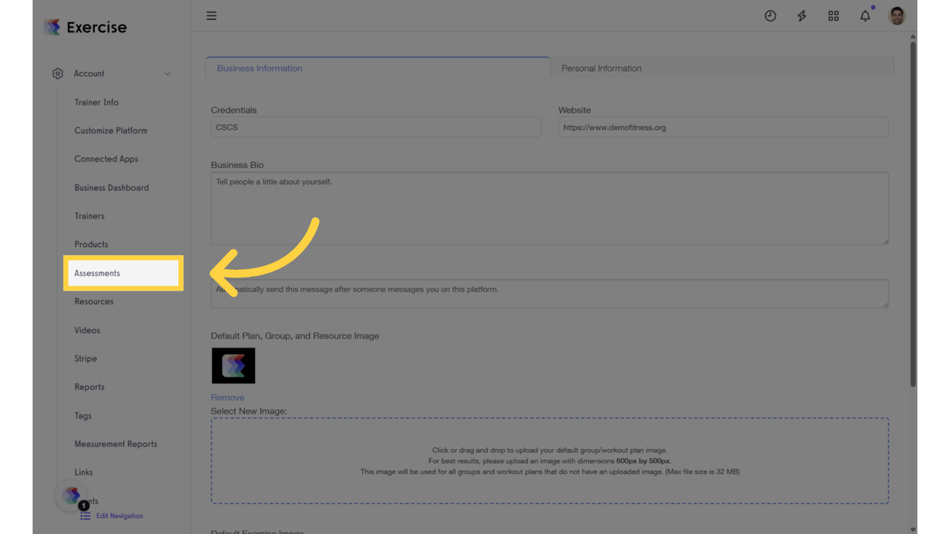 In the Account tab, click on the “Assessments” option in the left sidebar.
