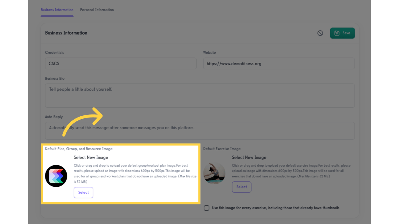 Upload image on 'Default Plan, Group, and Resource Image' section.
