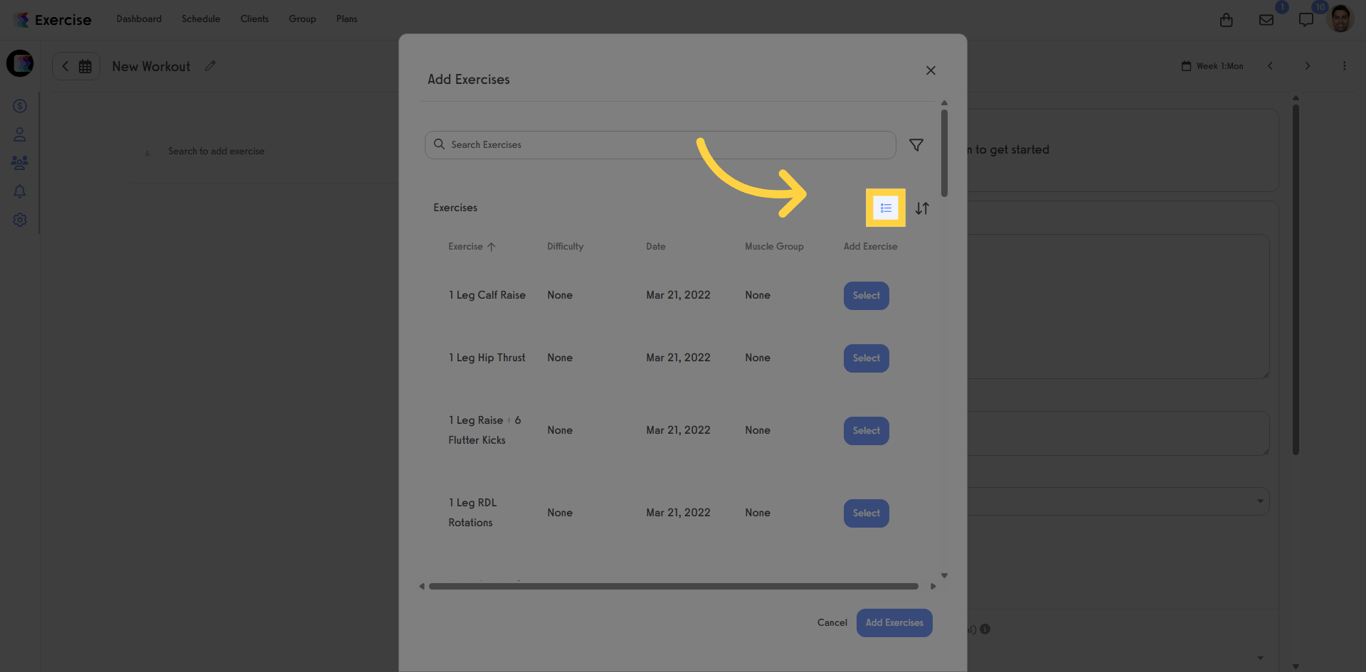 Exercise selection area showing the selection menu toggle.