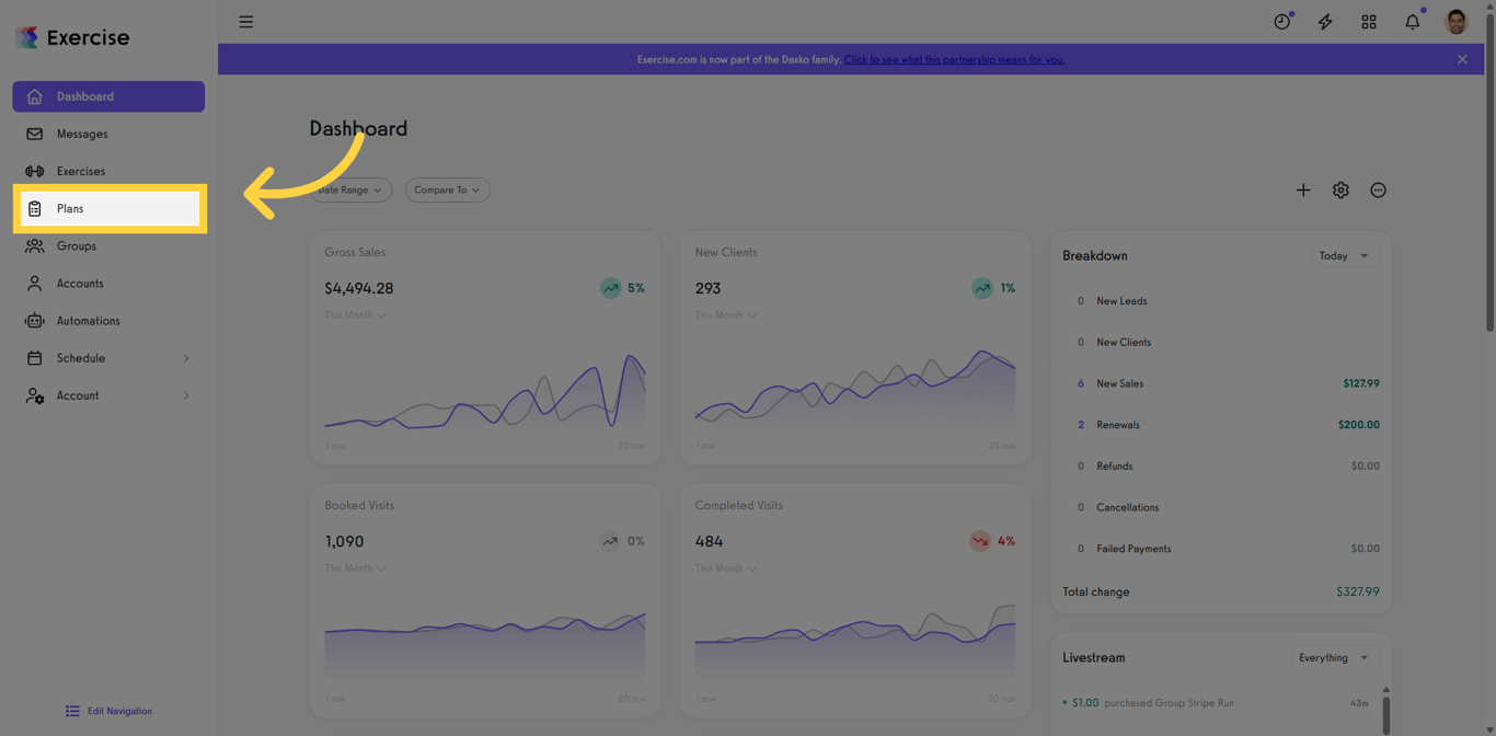 Exercise.com dashboard with Plans section highlighted on the left menu.