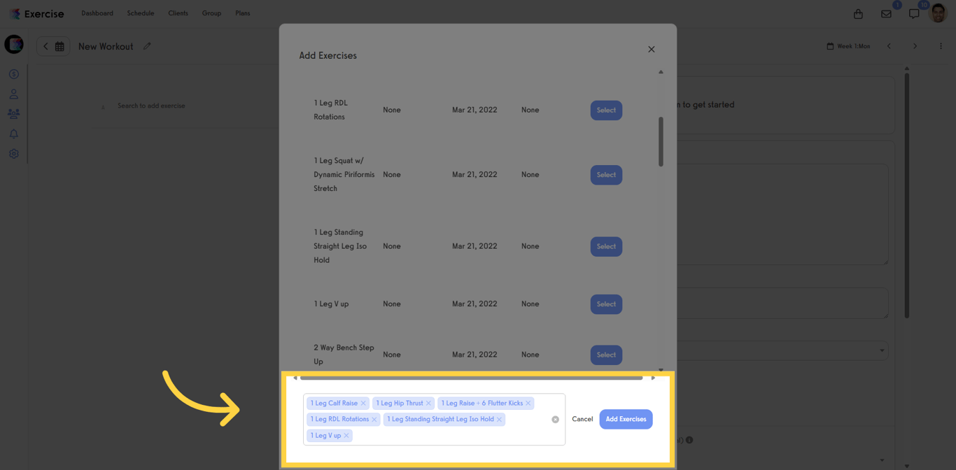 Exercise selection list with multiple items chosen and Add Exercises to Workout button visible.