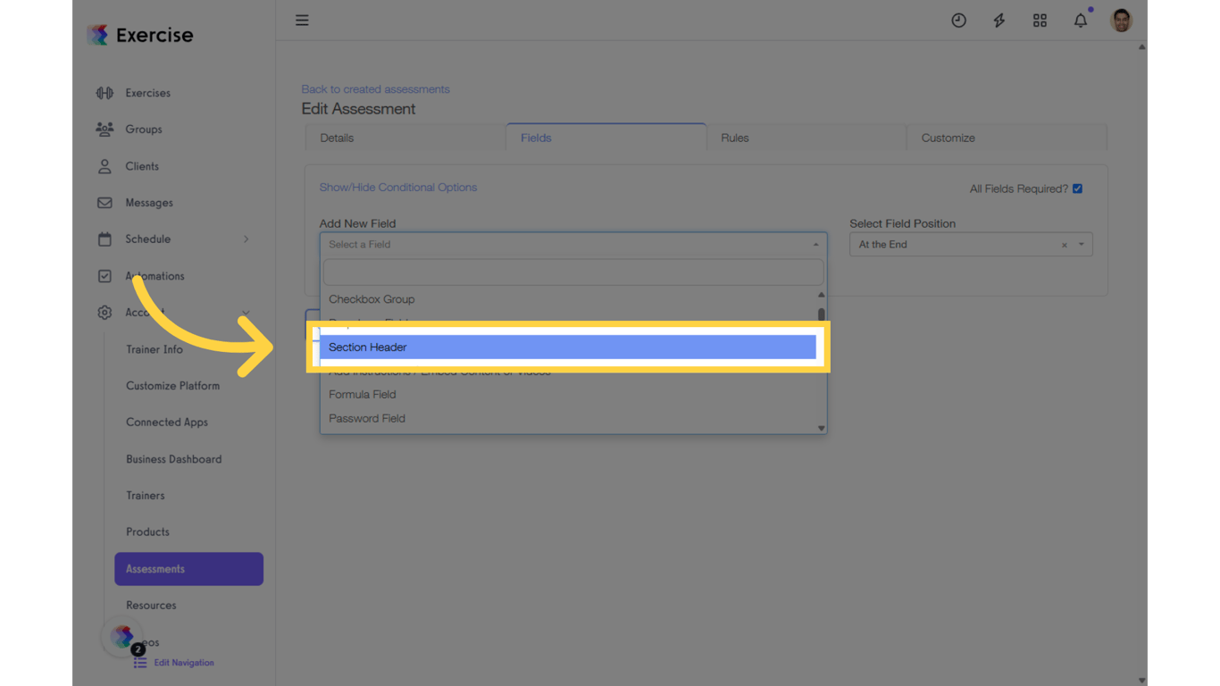 Click 'Section Header' in the drop-down list.