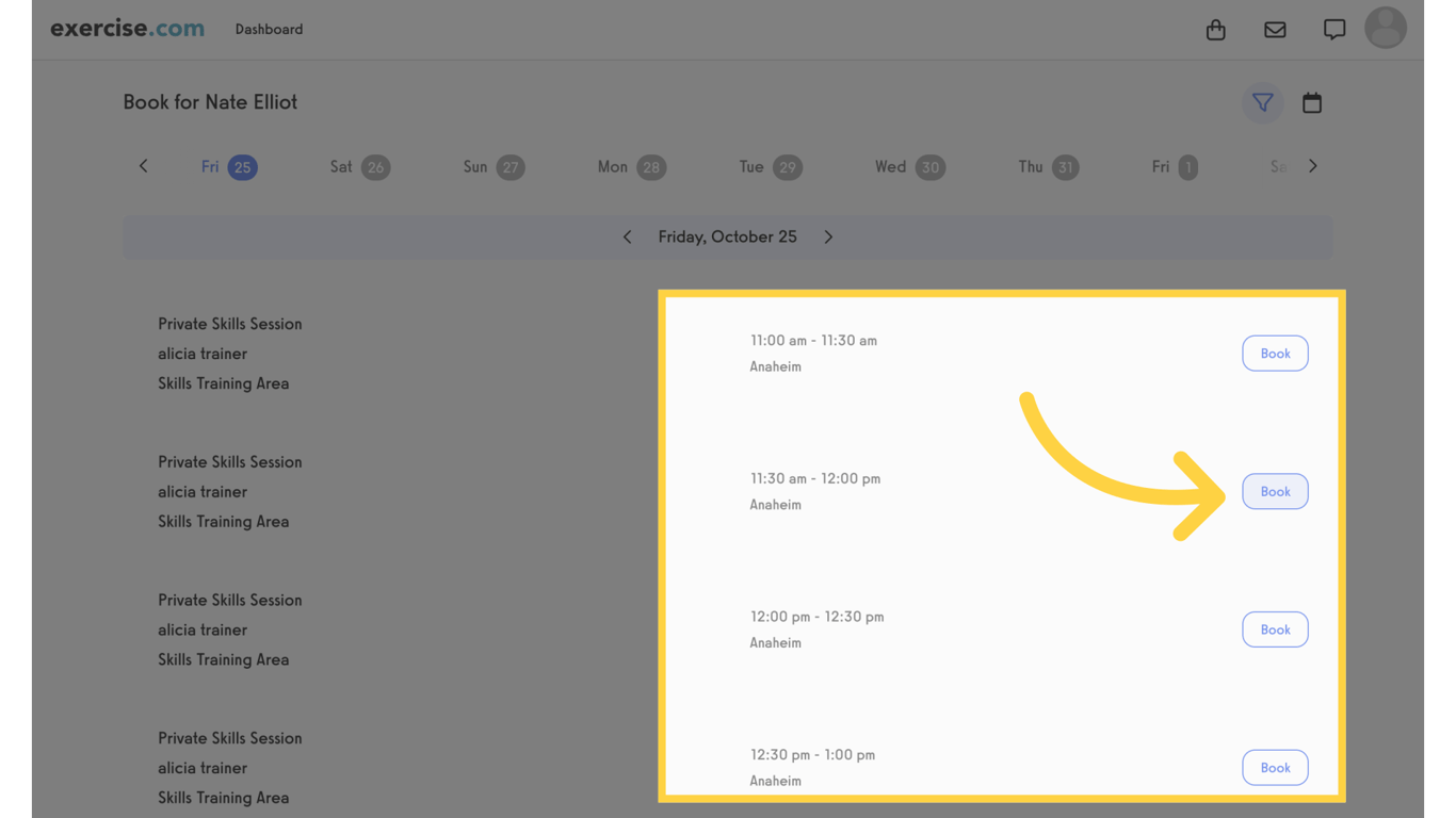 Booking page showing session and buffer.