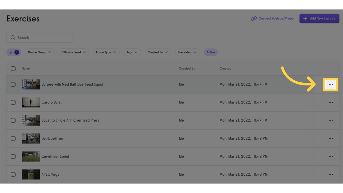 Select the exercise to edit and click the ellipsis to open the menu.