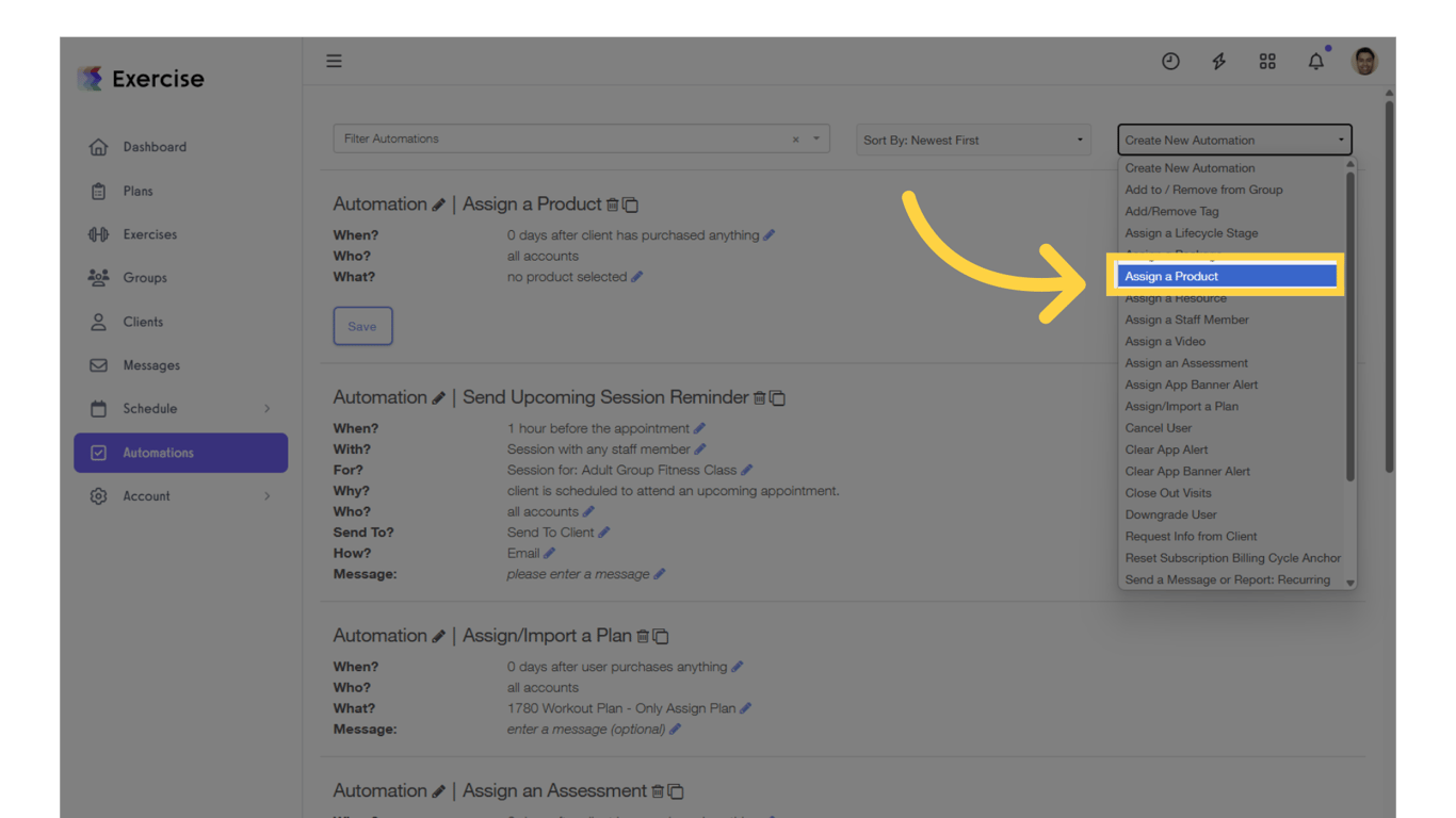 Select “Assign a Product” from the Create New Automations drop-down list.