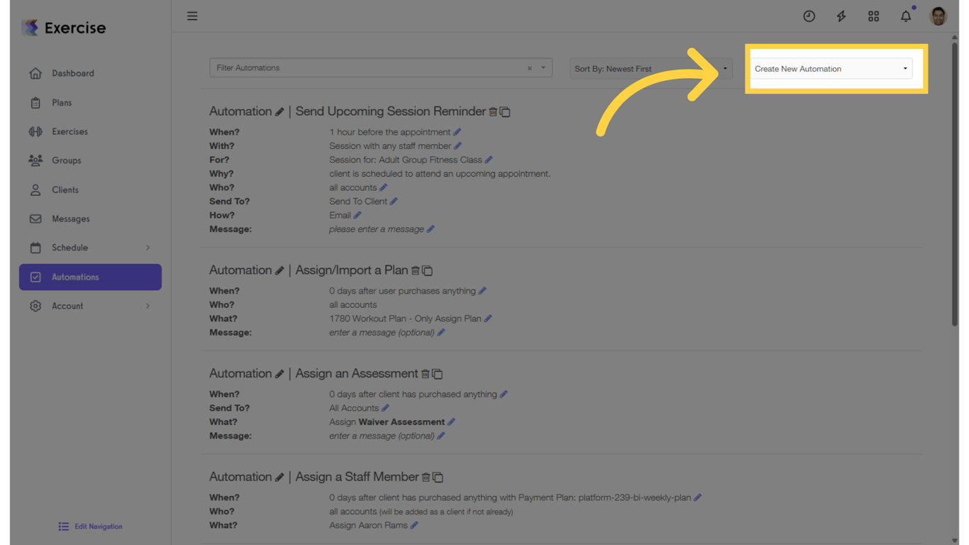 Click on the “Create New Automation” drop-down list.
