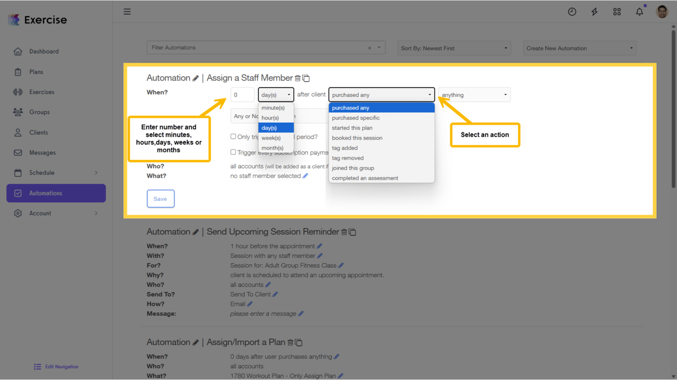 Select the action that will trigger the staff assignment.