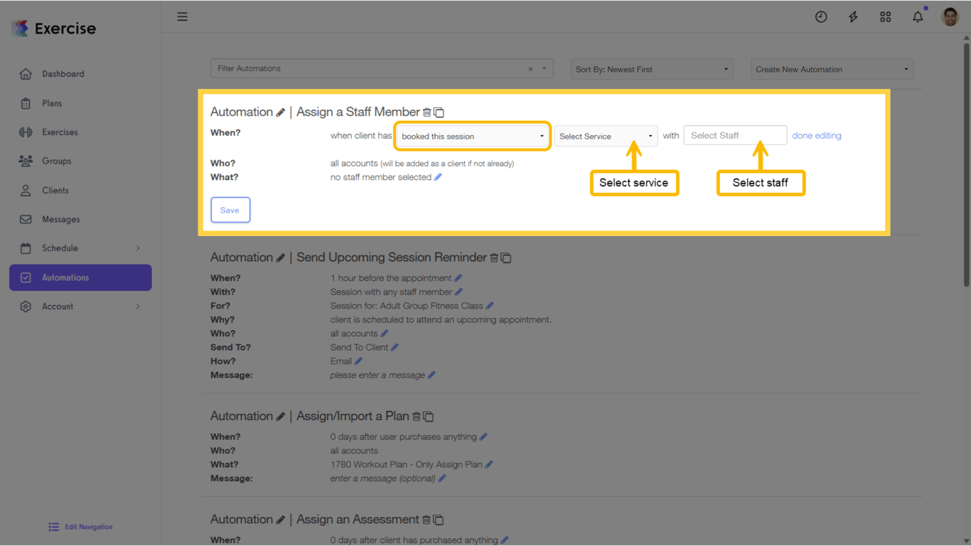 Option 3: For “booked this session,” select the service and staff.