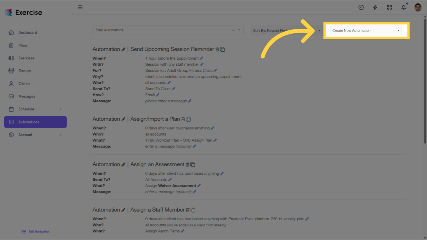 Click on the 'Create New Automation' drop-down list.