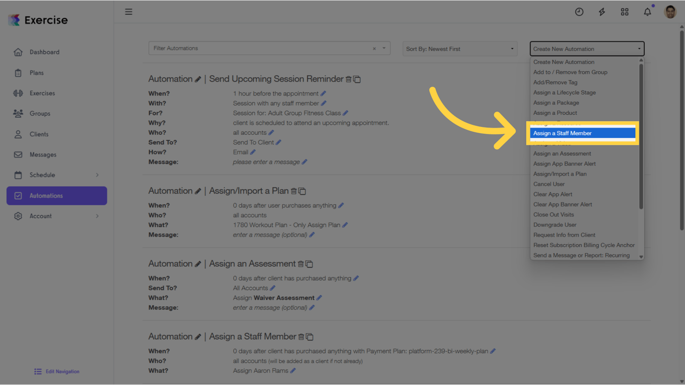 Select “Assign a Staff Member” from the Filter Automations drop-down list.