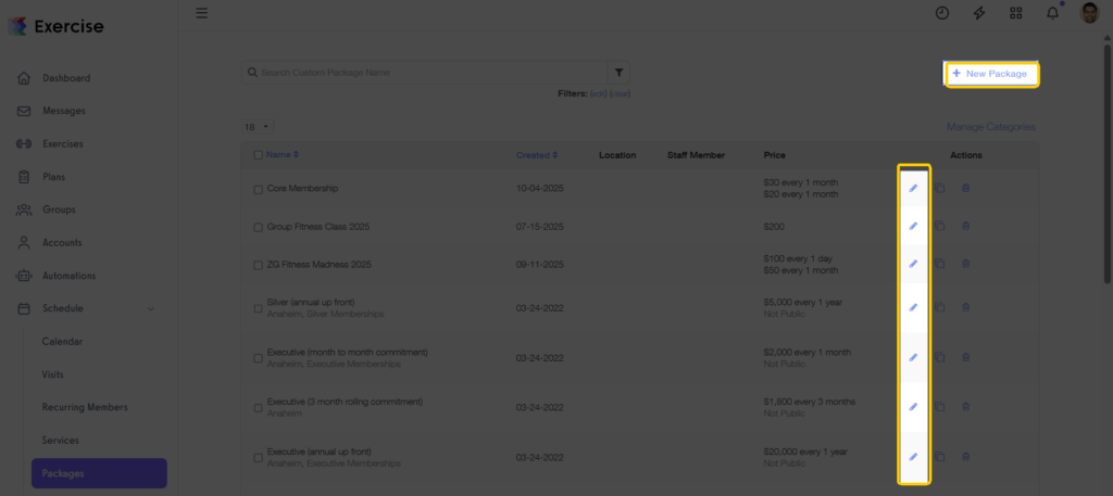 Create or edit package screen