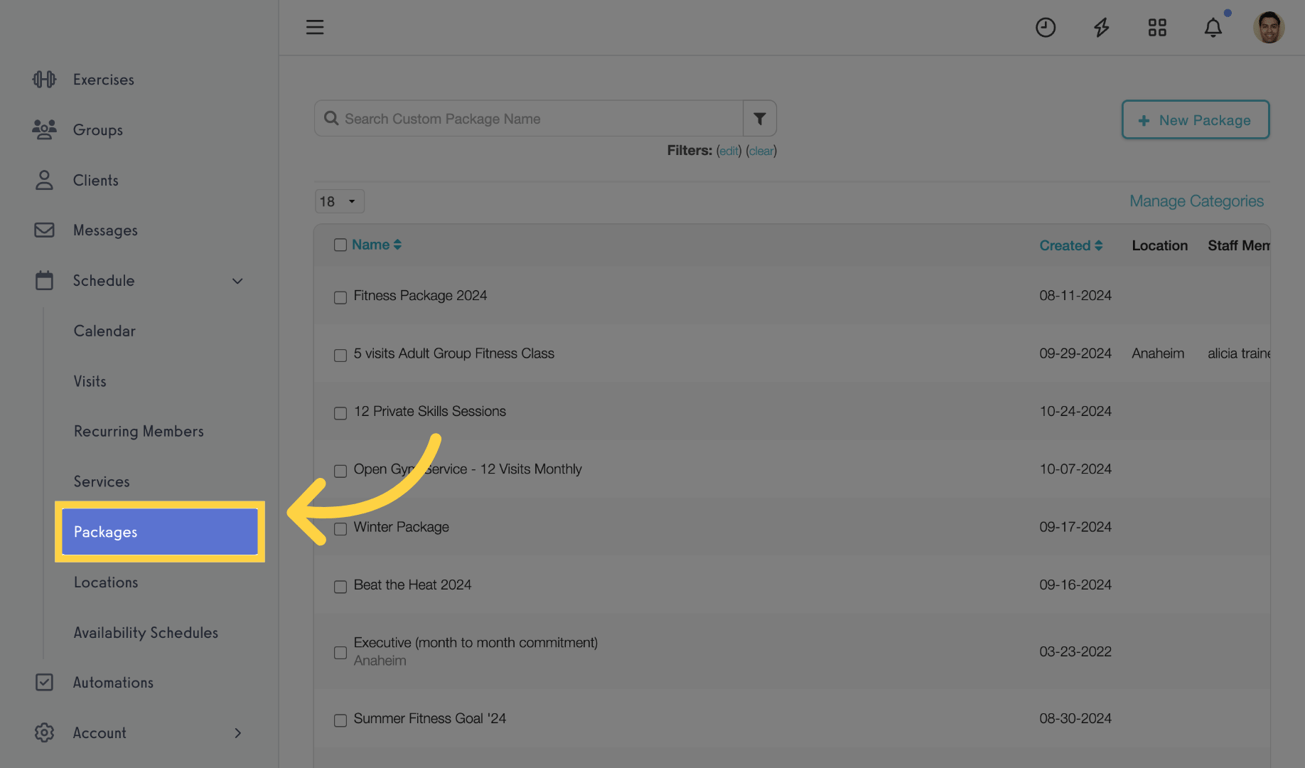 Packages section on the dashboard