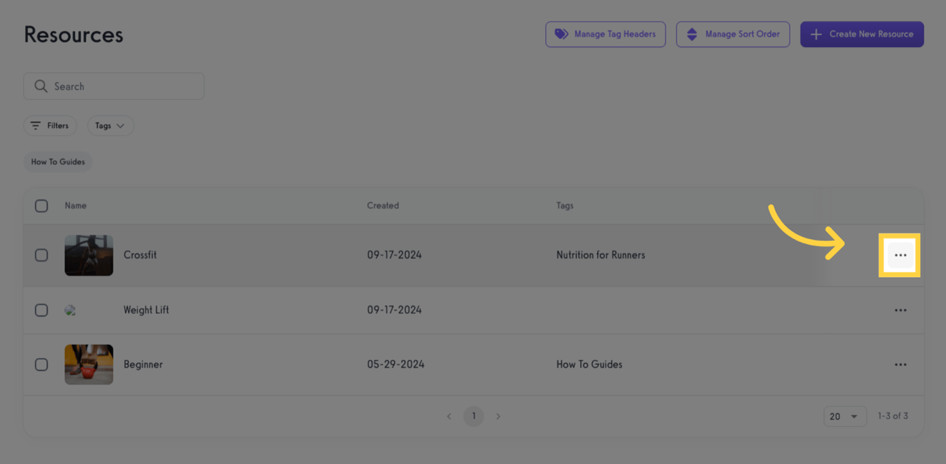 Open the menu options of the resources