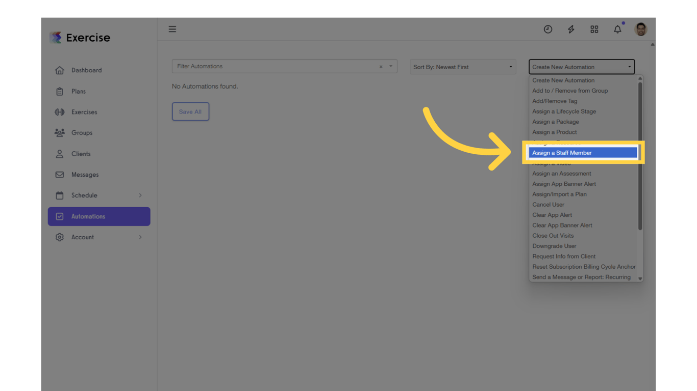 Click on “Create New Automation” and select “Assign a Staff Member” from the drop-down.