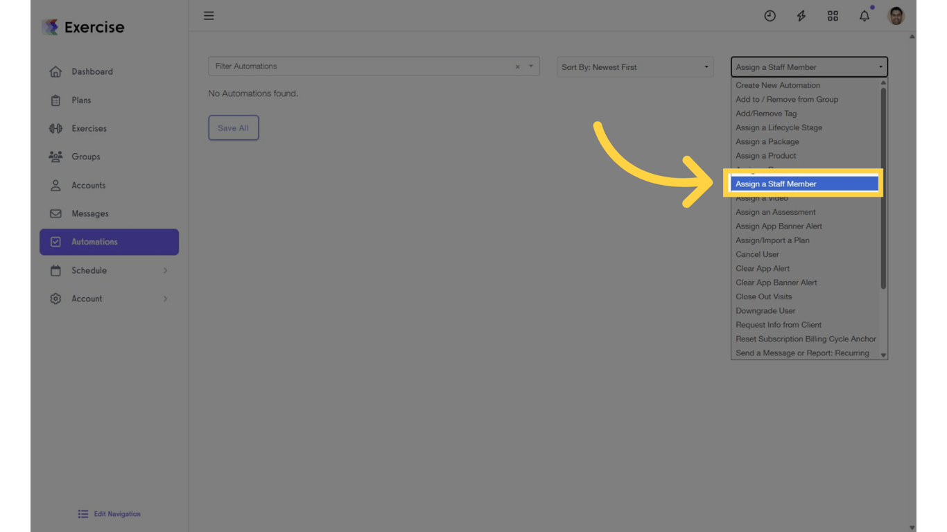 Click on “Create New Automation” and select “Assign a Staff Member” from the drop-down.