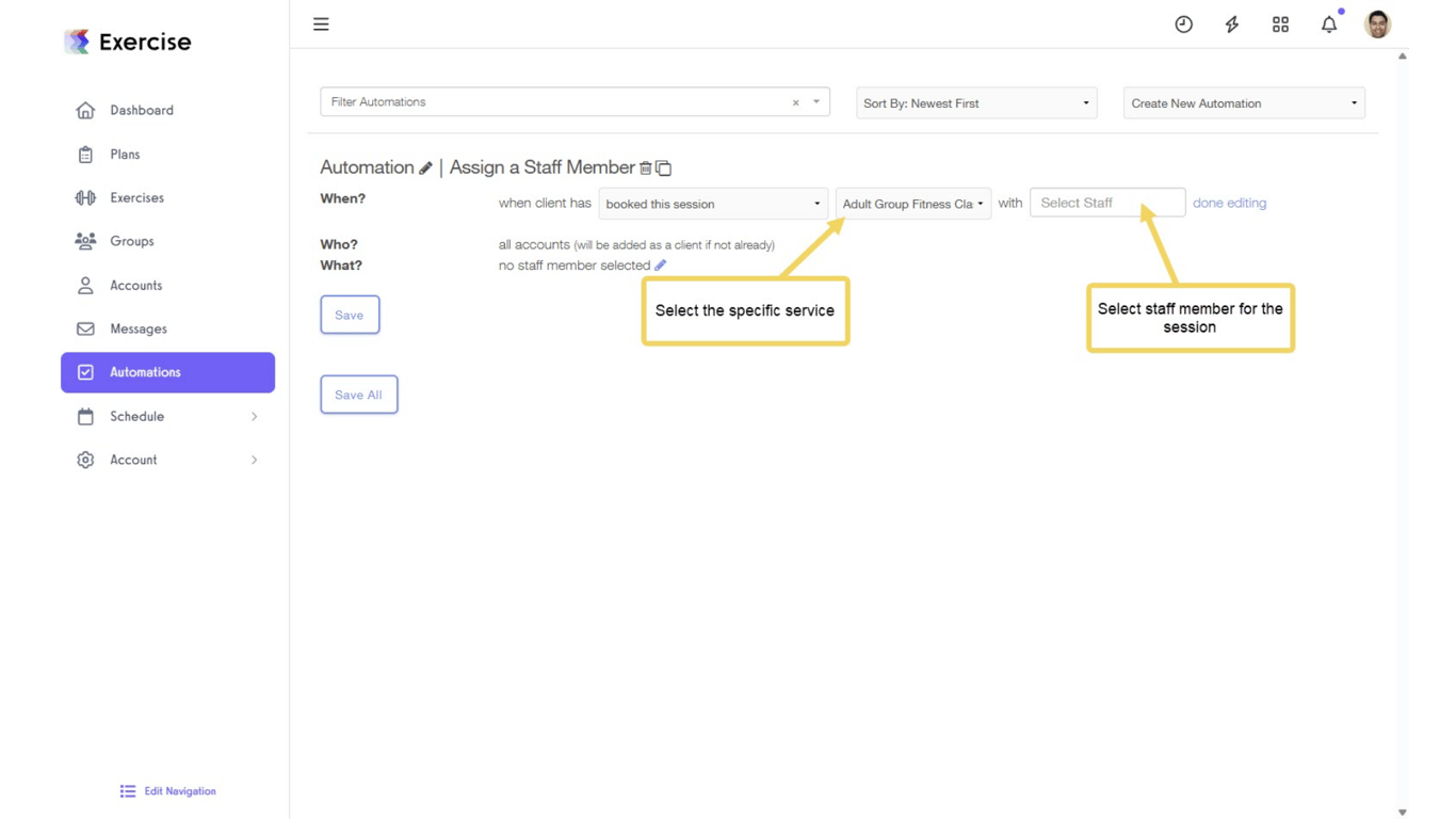 Select the specific service and the staff member for the session.