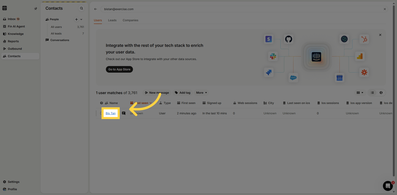 Search for and select a client in Intercom.