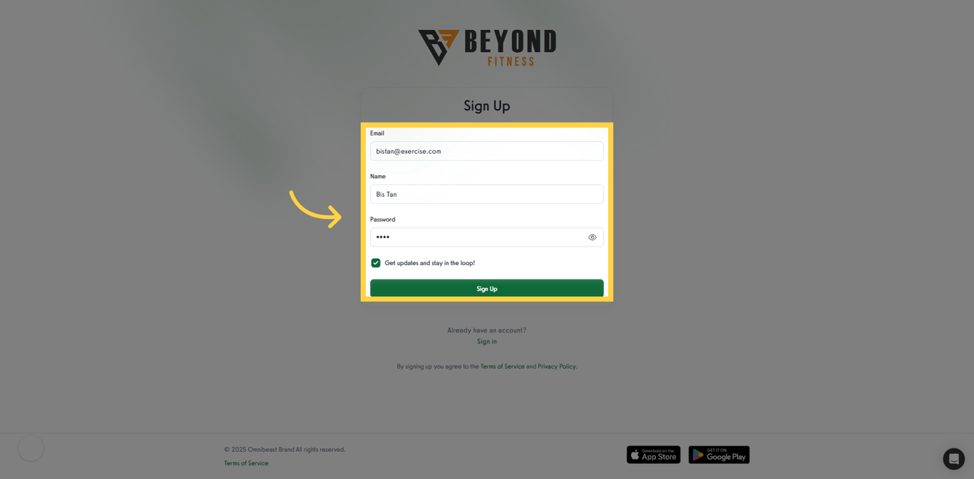Complete required fields and click 'Sign Up'.