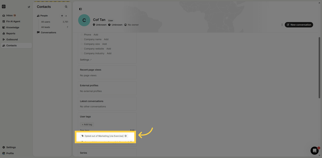 View 'Opted Out' tag in Intercom.