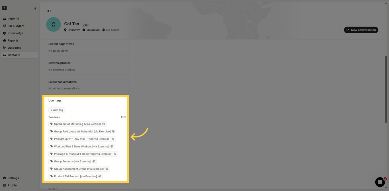 View all user tags in Intercom, including purchases and memberships.