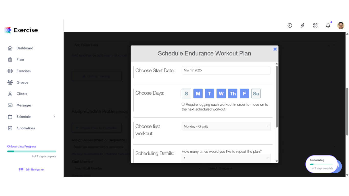 Setup the workout schedule.