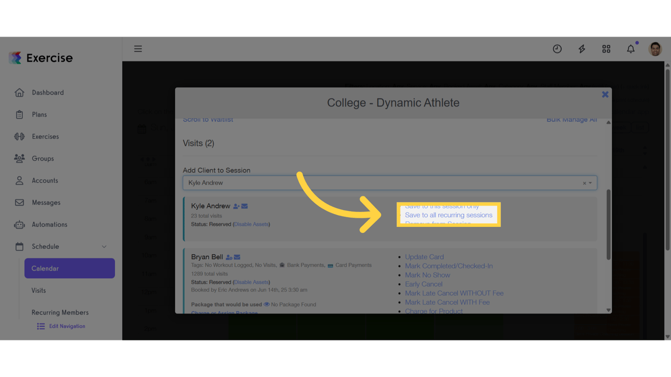 Click 'Save to all recurring sessions'
