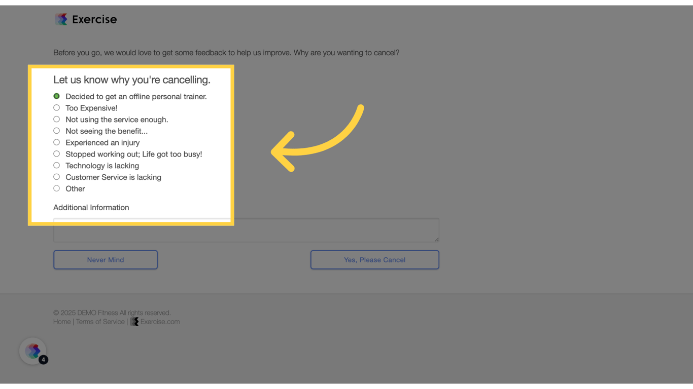 Select the reason for canceling.