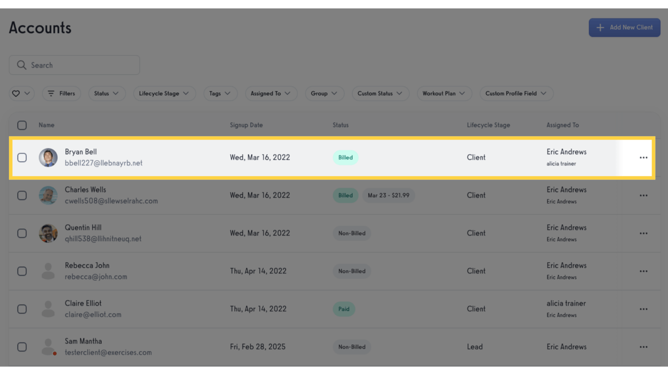 Click the client's name