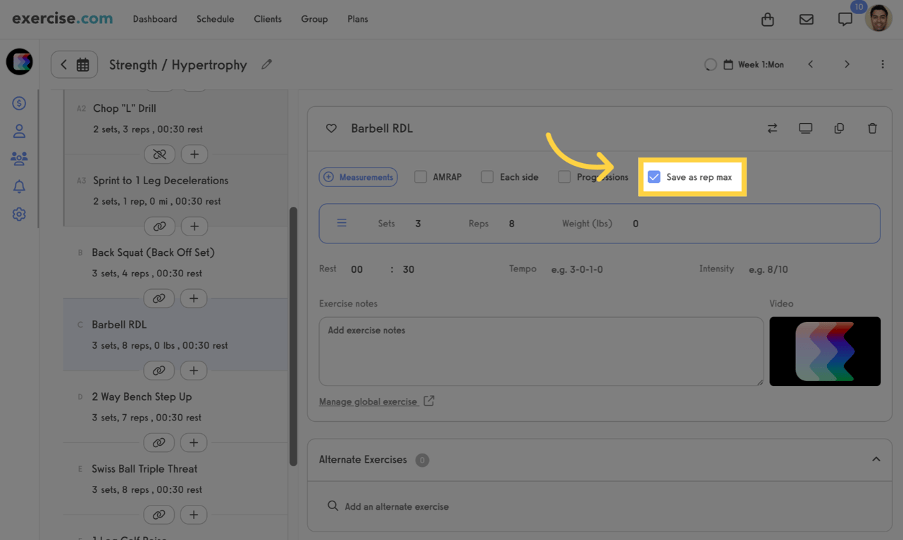 Enable the Save as Rep Max option when editing a workout.