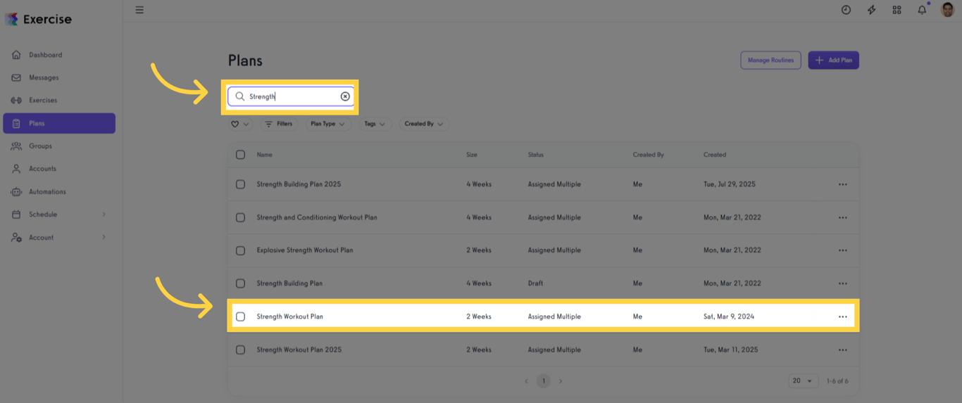 Search for or select a workout plan to edit.