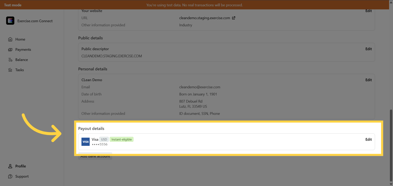 Click 'Exercise.com Connect' under 'Payout details.