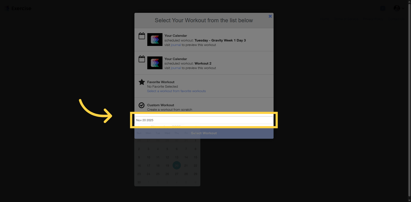 Screenshot of the date selector in the workout log.