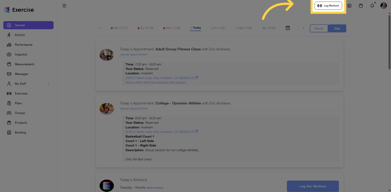 Screenshot of Log Workout button on the website.