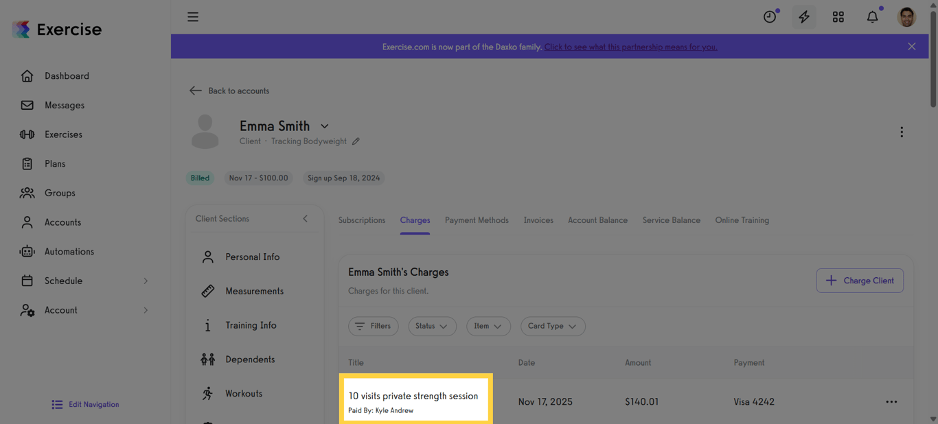 Screenshot of viewing charges