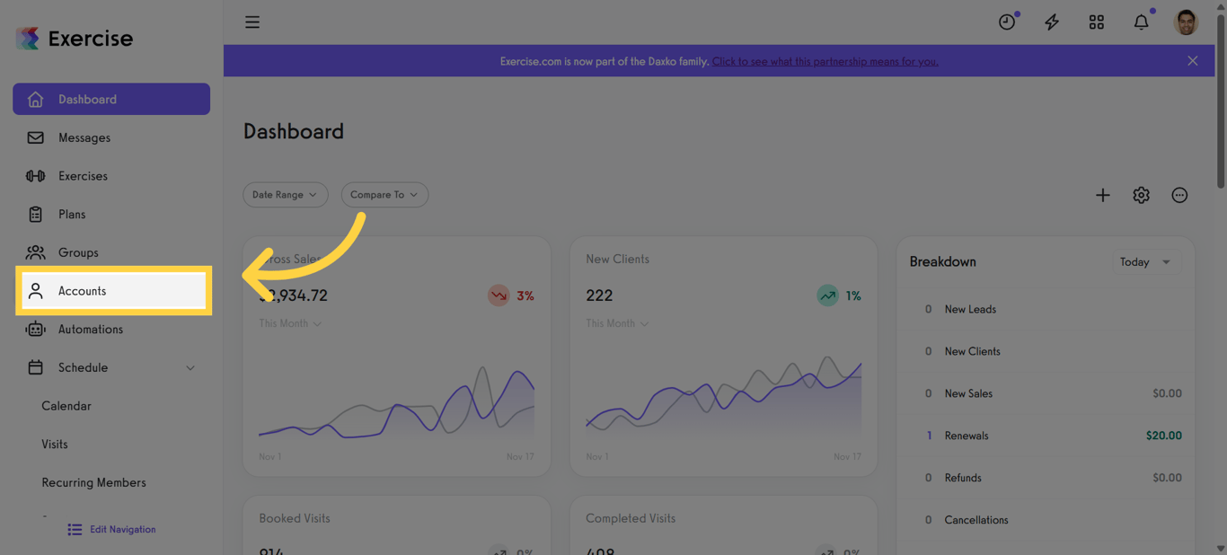 Screenshot showing how to navigate to the Accounts section