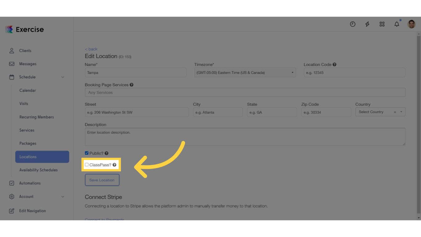 Enable ClassPass for any Locations where you want to use it.