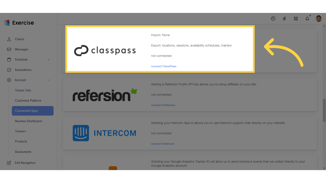Click 'connect ClassPass' and connect to your existing account.