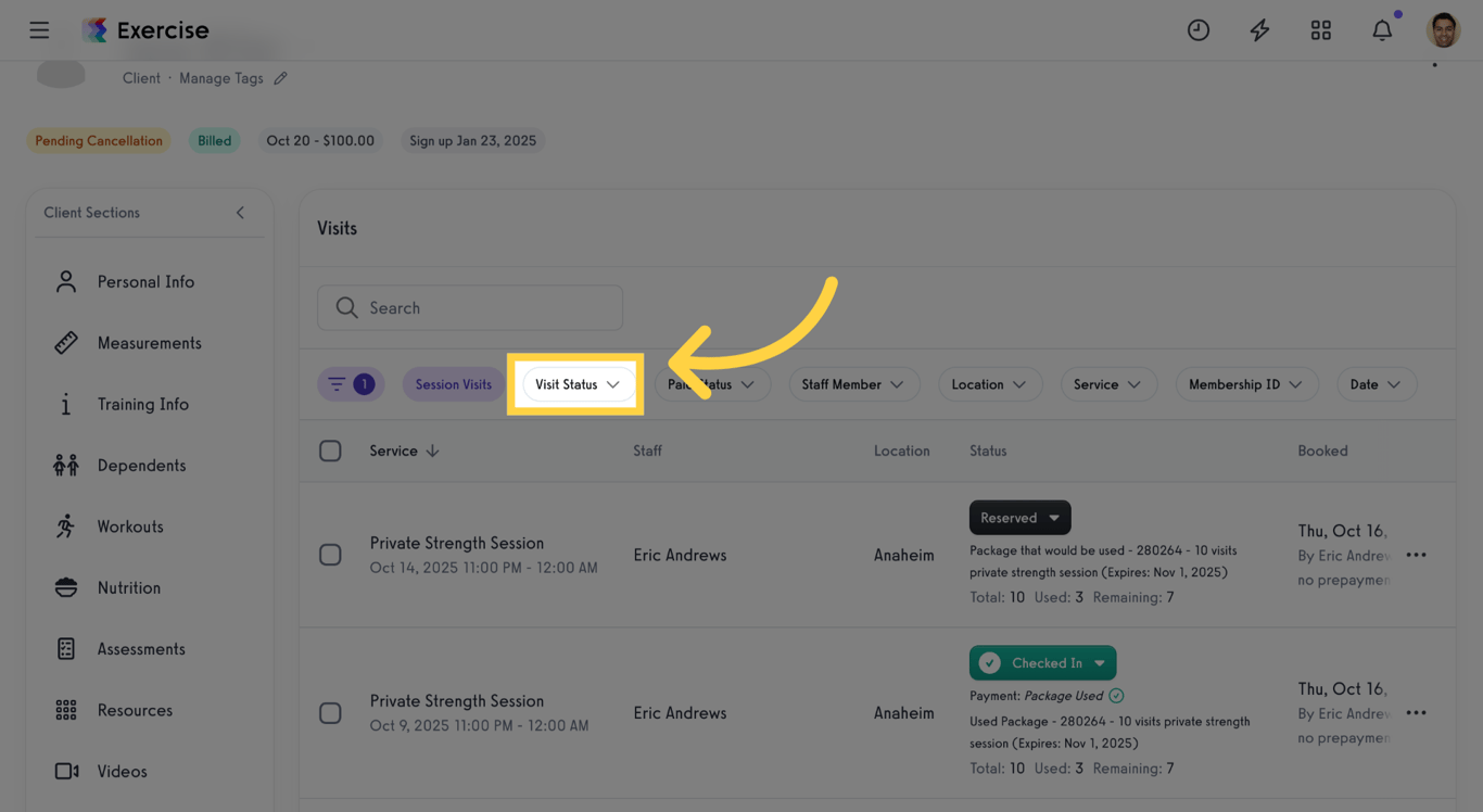 Select Visit Status Filter