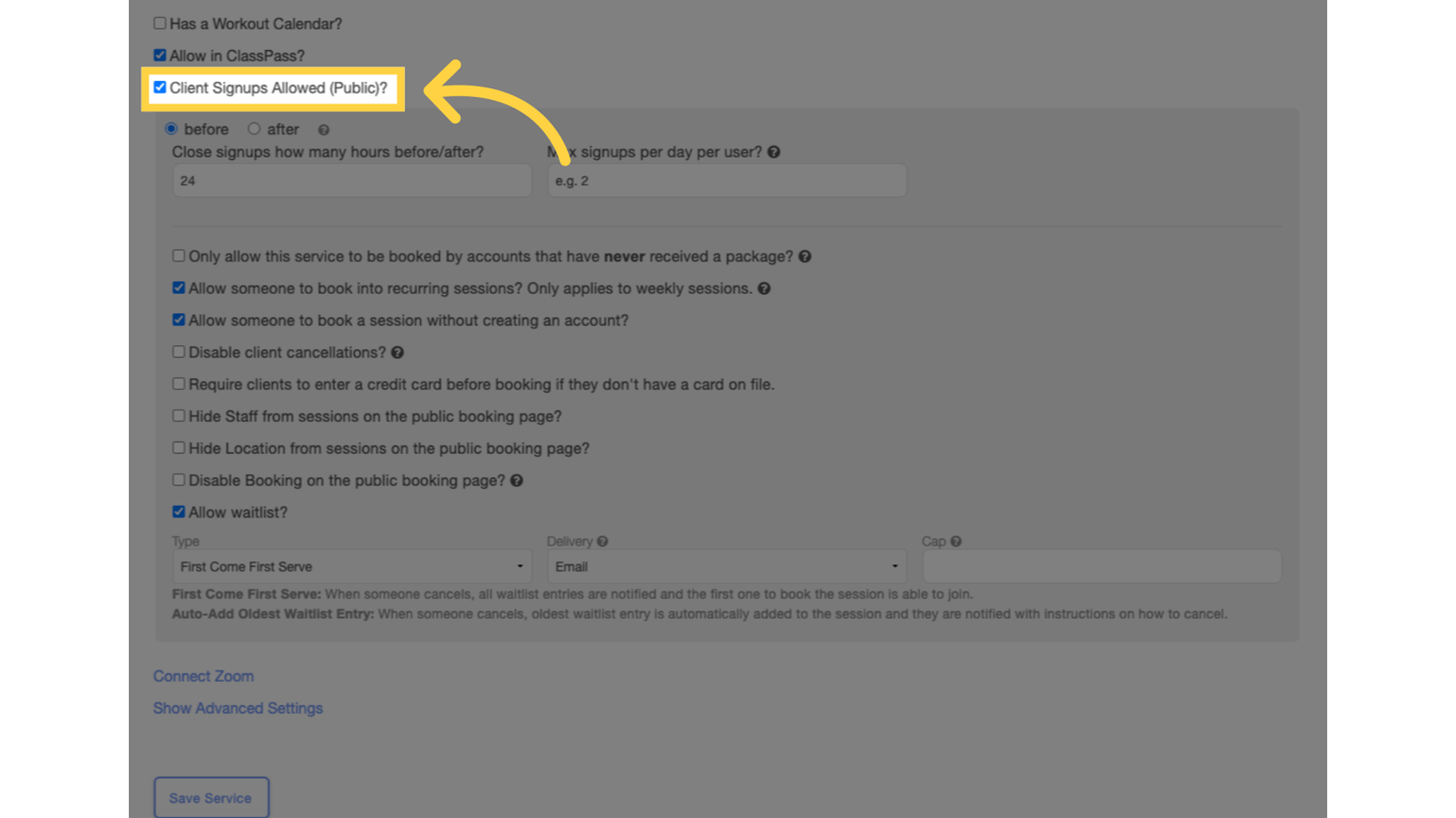 Enable 'Client Signups Allowed (Public)?'.