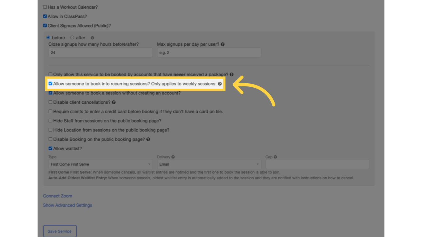 Enable 'Allow someone to book into recurring sessions?'.