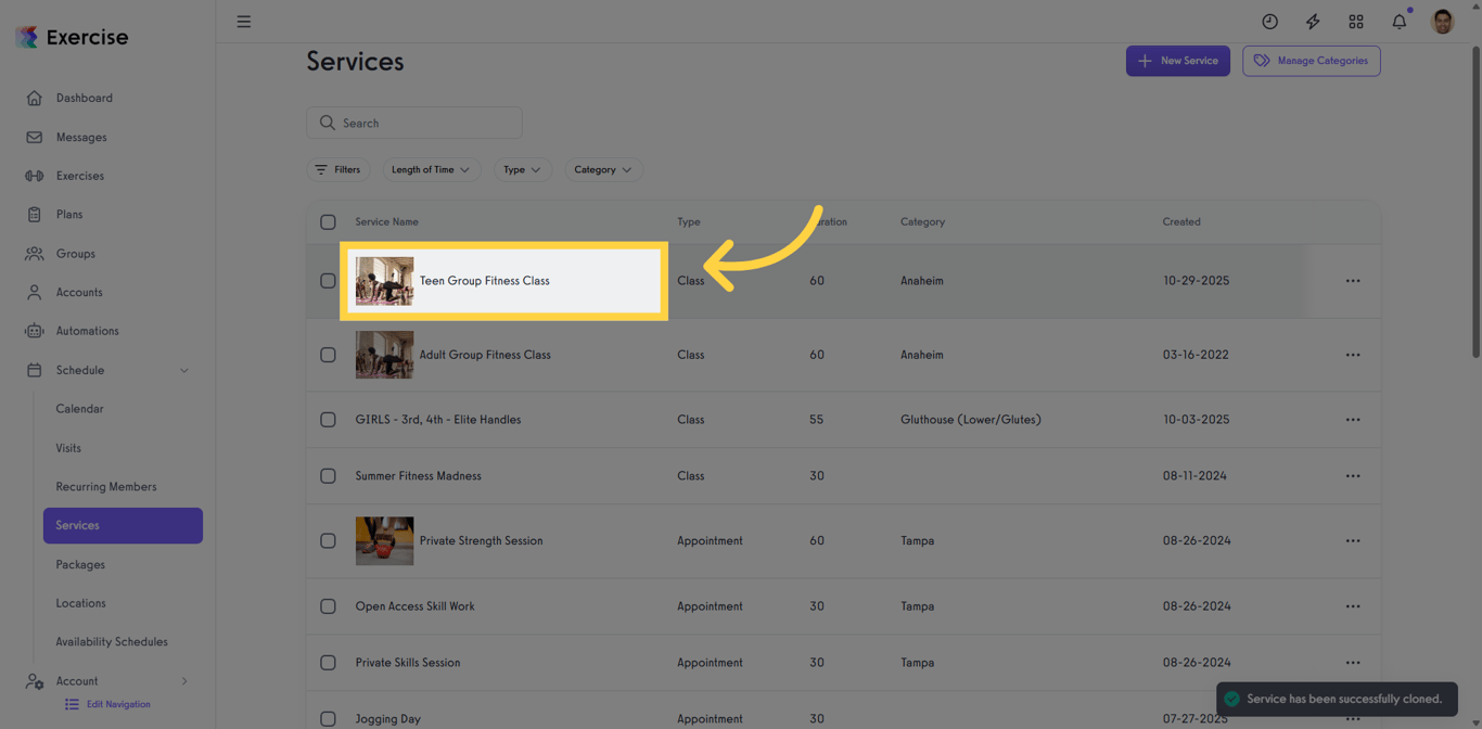 Screenshot showing the newly cloned service details in Exercise.com.